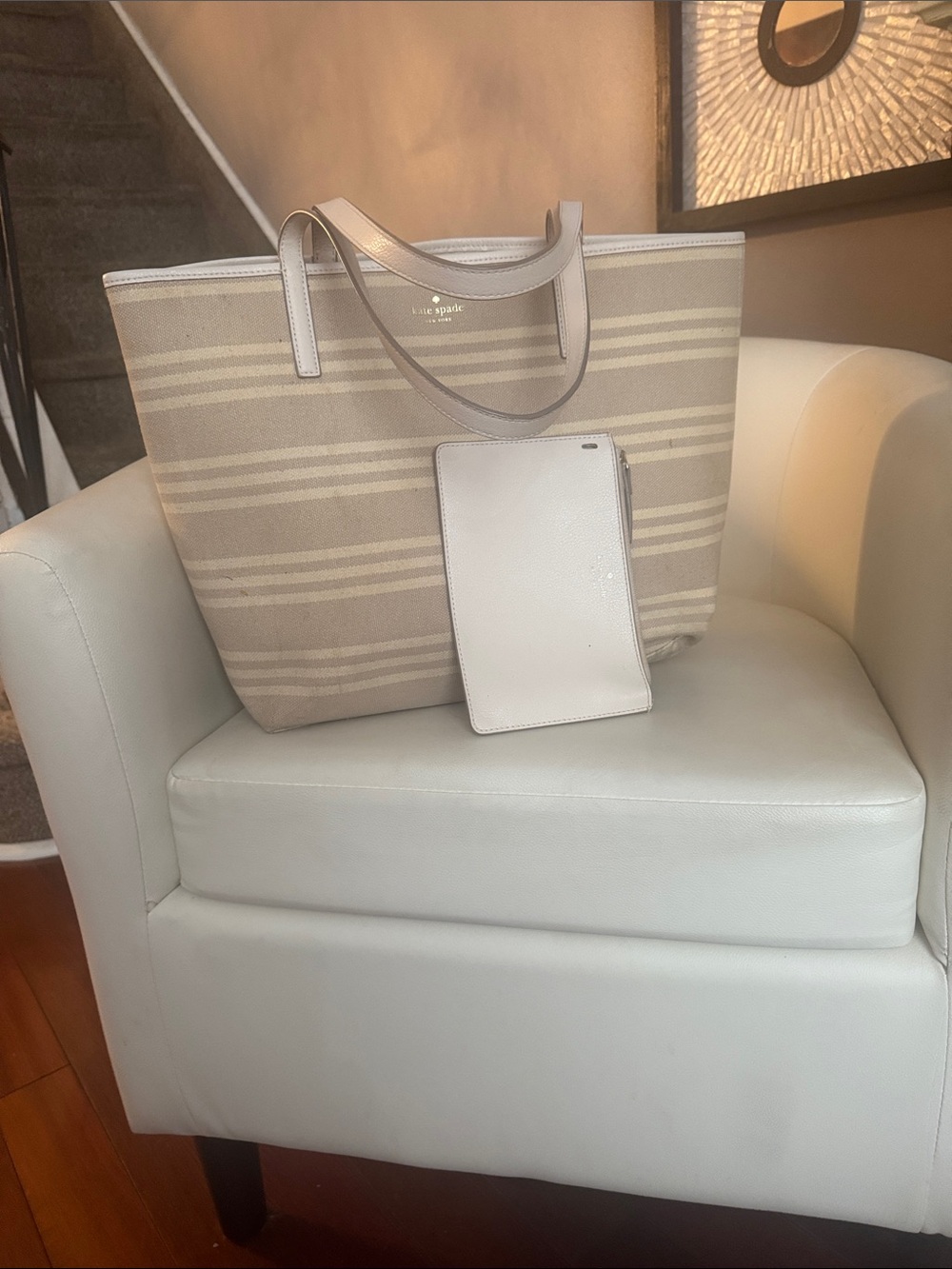 kate spade Beige and White Striped Canvas reversible Tote with White Pouch